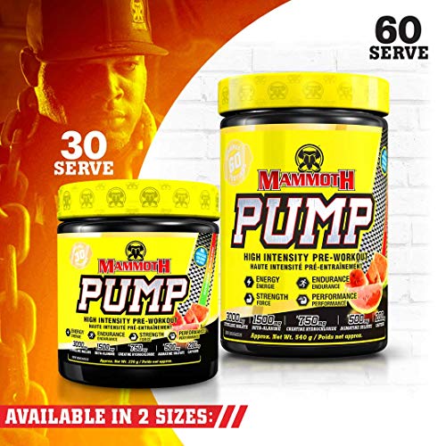 MAMMOTH PUMP – Pre Workout Powder, Superior Muscle Pumps, Increase Strength & Endurance, Explosive Power & Energy Supplement, Heightened Focus, Quick Recovery, Reduced Soreness, 60 serve - Watermelon