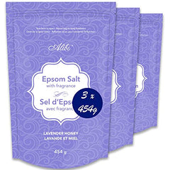 Alibi Epsom Salt Scented - Honey & Lavender Epsom Salts for soaking and bath salts - Natural Magnesium Sulfate Crystals - 3 Resealable Bags of 454 grams = 1.36 kg, White