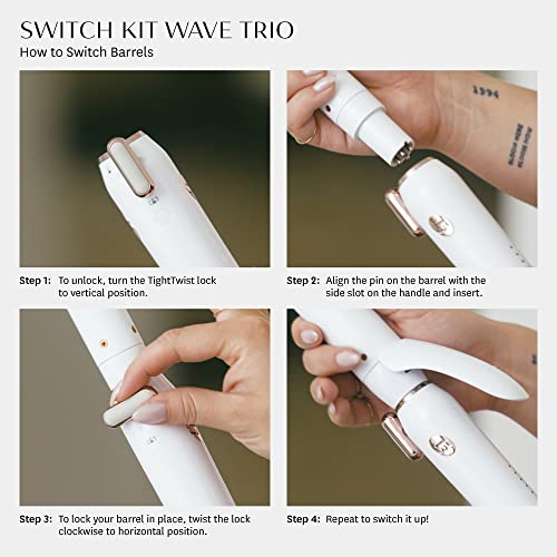 T3 Switch Kit Wave Trio Professional Ionic Interchangeable Curling Iron with 3 Ceramic Clip & Wand Long Barrels for Curling and Waving, 9 Adjustable Heat Settings & Ion Generator