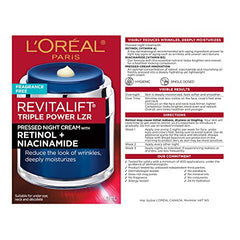 L’Oréal Paris Retinol Pressed Night Cream Moisturizer, Revitalift Triple Power LZR, With Retinol for Face + Niacinamide,Skincare, 47 ml