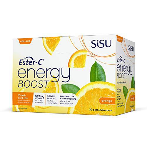 SISU Ester-C Energy Boost, Orange - 30 Packets - Vitamin C Drink Mix with Bioflavonoids - Antioxidant & Immune System Support - Vegan, Non-GMO, Gluten & Dairy Free - 30 Servings