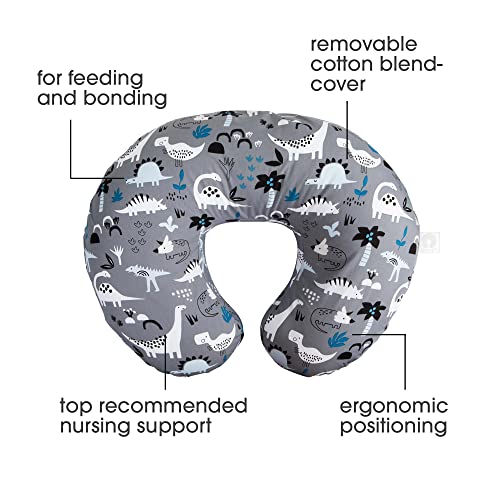 Boppy Original Support Nursing Pillow, Gray Dinosaurs, Ergonomic Breastfeeding, Bottle Feeding, and Bonding, with Hypoallergenic Fiber Fill, with Removable Cover, Machine Washable