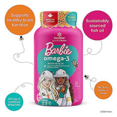 Honibe Omega 3 Gummies for Kids | Barbie | Made in Canada | Supports Brain Health | Trusted Source of Omega-3 EPA & DHA Vitamins | Sustainably Sourced Fish Oil | No Fishy Taste | Omega 3 Fatty Acids | 60 Gummies