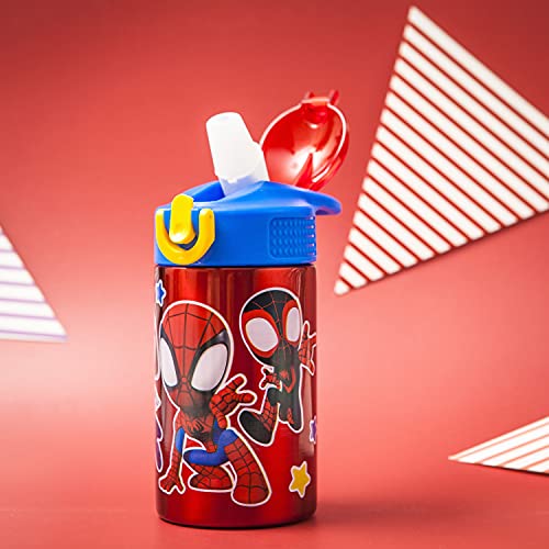 Zak Designs Marvel Spider-Man 18/8 Single Wall Stainless Steel Kids Water Bottle, Flip Straw Locking Spout Cover, Durable Cup for Sports or Travel (15.5oz, Non-BPA, Spidey and His Amazing Friends)