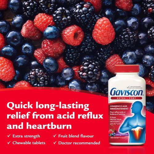 Gaviscon Extra Strength Tablets - 25 Count - Chewable Foaming Antacid Tablets for Day and Night Heartburn Relief, Acid Reflux and GERD Relief, Fruit Blend - Free of Aluminum, Lactose and Gluten