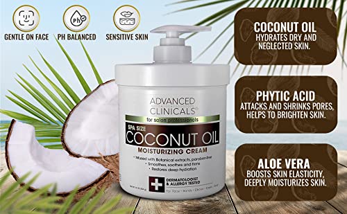 Advanced Clinicals Coconut Oil Cream Face & Body Anti Aging Moisturizing Skin Care Lotion, Intense Firming Coconut Oil Moisturizer Skincare Balm For Age Spots, Dry Skin & Sun Damaged Skin, Large 16Oz