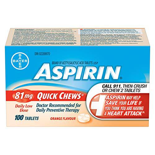 ASPIRIN 81mg, Daily Low Dose Quick Chews, Orange Flavour, 100 Tablets