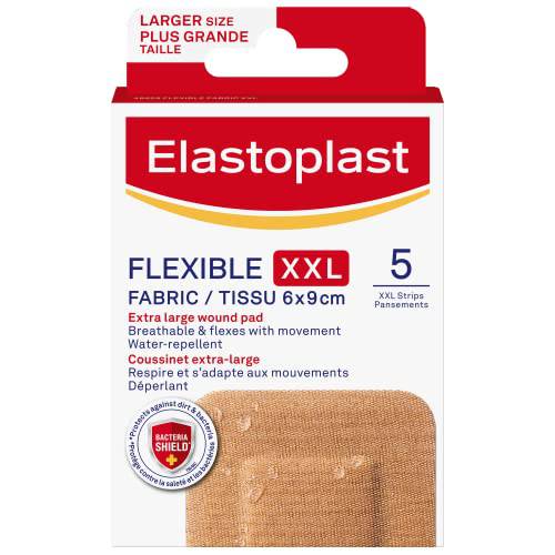 Elastoplast Flexible Fabric XXL Adhesive Bandages, 5 Strips, beige | Larger Pad for Better Coverage | Extra Flexible | Adapts to all your movements | Strong Adhesion | Breathable Material | Water-repellent | Bacteria Shield | Latex Free