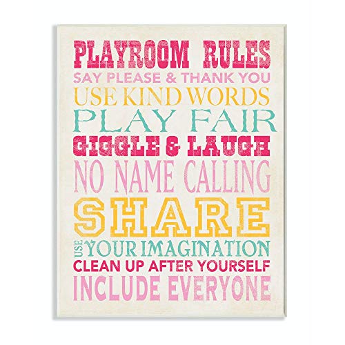 The Kids Room by Stupell Playroom Rules Typography in Pinks, Yellow and Blue Rectangle Wall Plaque
