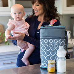 J.L. Childress 6 Bottle Cooler, Insulated Breastmilk Cooler & Lunch Bag for Baby Food & Bottles, Leak-Proof & Heat-Sealed, Ice Pack Included, Grey/Teal Clover (3105GY-CL)