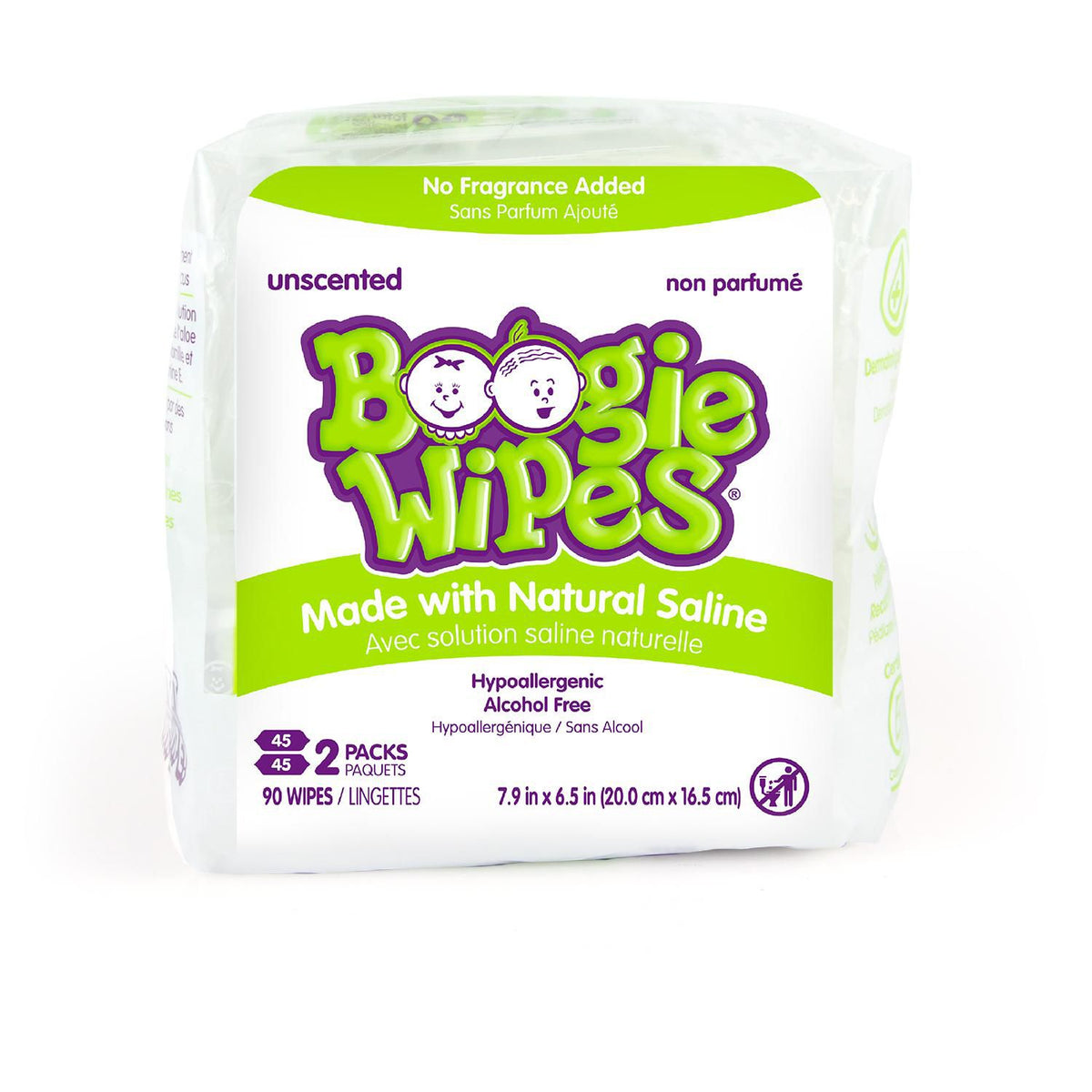 Boogie Wipes Gentle Saline Nose Wipes for stuffy noses - Unscented, 90 Count