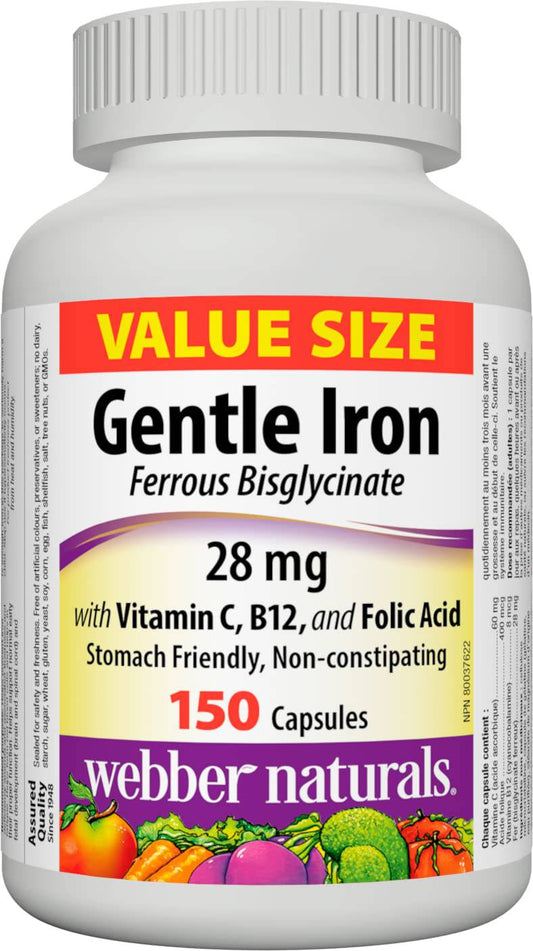 Webber Naturals Gentle Iron Supplement with Vitamin C, B12 and Folic Acid, 28 mg, 150 Capsules, Stomach-Friendly, Non-Constipating, Helps Prevent Iron Deficiency Anemia