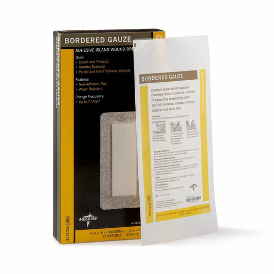 Medline Bordered Gauze Adhesive Island Wound Dressing, 4" x 8" with 2" x 6" Pad, 15 Per Box