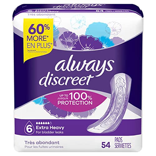 Always Discreet, Incontinence & Postpartum Pads For Women, Size 6 Drops, Extra Heavy Long Absorbency, 54 Count