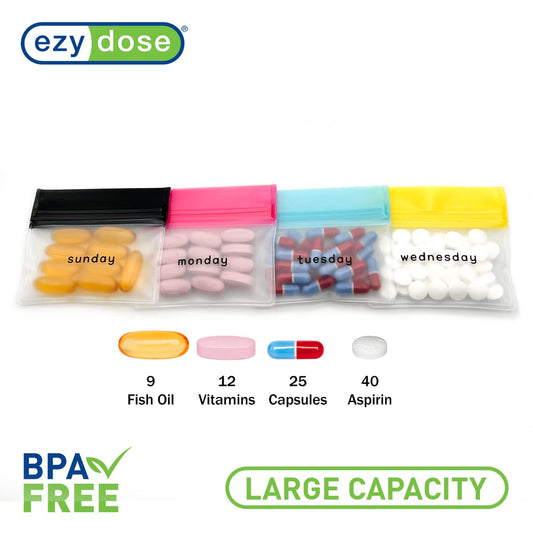 EZY DOSE Reusable 7-Day Pill Pouch Set, Durable Multi-Purpose Travel-Sized Containers, Includes Days of the Week Labels with Color for Easy Identification, Large Storage, Clear, BPA Free, TSA Approved