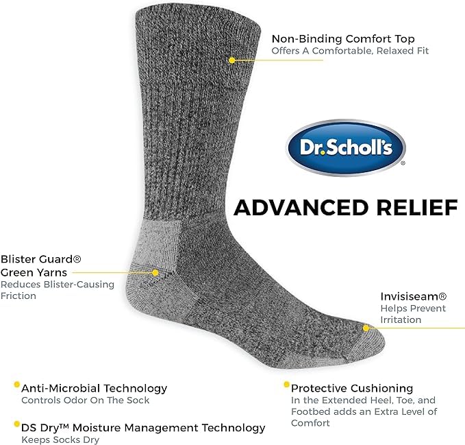 Dr. Scholl's Men's Advanced Relief Blisterguard Socks - 2 & 3 Pair Packs - Non-Binding Cushioned Moisture Management, White, 7-12