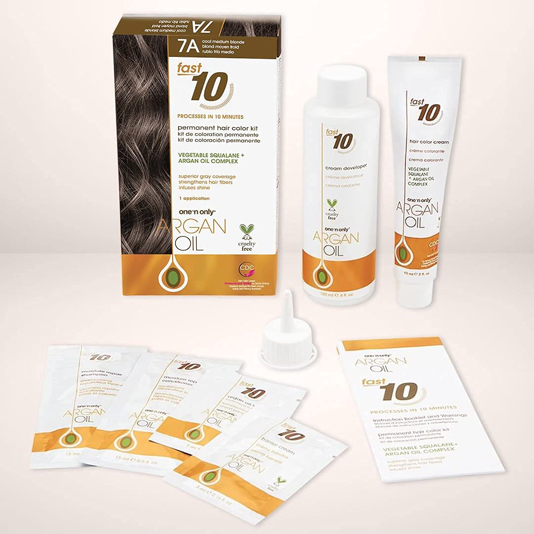 One n Only Argan Oil Fast 10 Permanent Hair Color Kit - 7A Cool Medium Blonde Hair Color Unisex 1 Pc