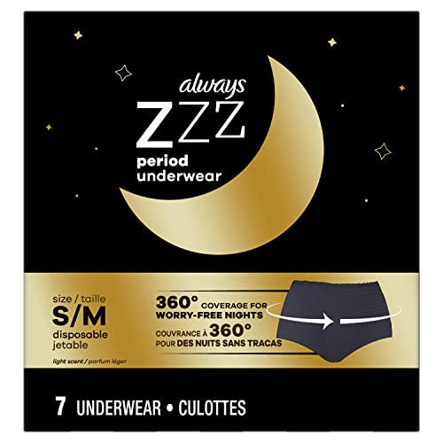 Always, ZZZs Overnight Disposable Period Underwear For Women, Small/Medium, Black, Light Scent, Disposable, 7 Count