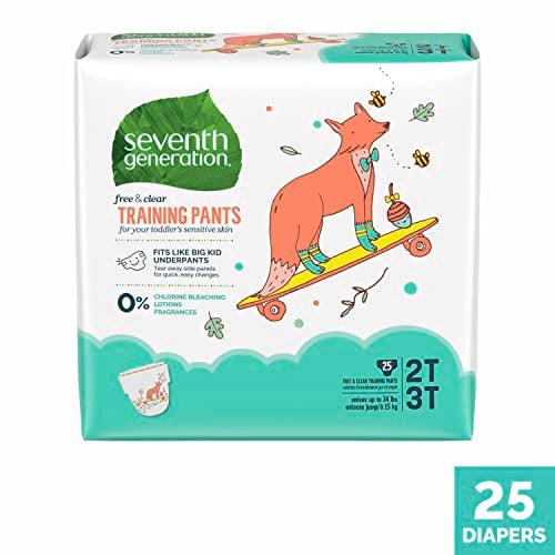 Seventh Generation Training Pants for toddlers up to 15 kg Free & Clear designed for sensitive skin with 0% Chlorine Bleaching Medium Size (2T-3T) 25 Count