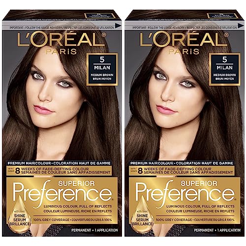 L'Oreal Paris Superior Preference Permanent Hair Color, 5 Medium Brown, 100% Grey Coverage, Hair Dye (Pack of 2)