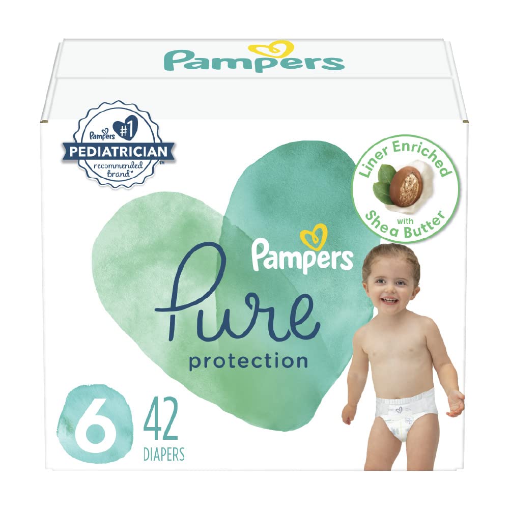 Diapers Size 6, 42 Count - Pampers Pure Protection Disposable Baby Diapers, Hypoallergenic and Unscented Protection, Super Pack (Packaging & Prints May Vary)