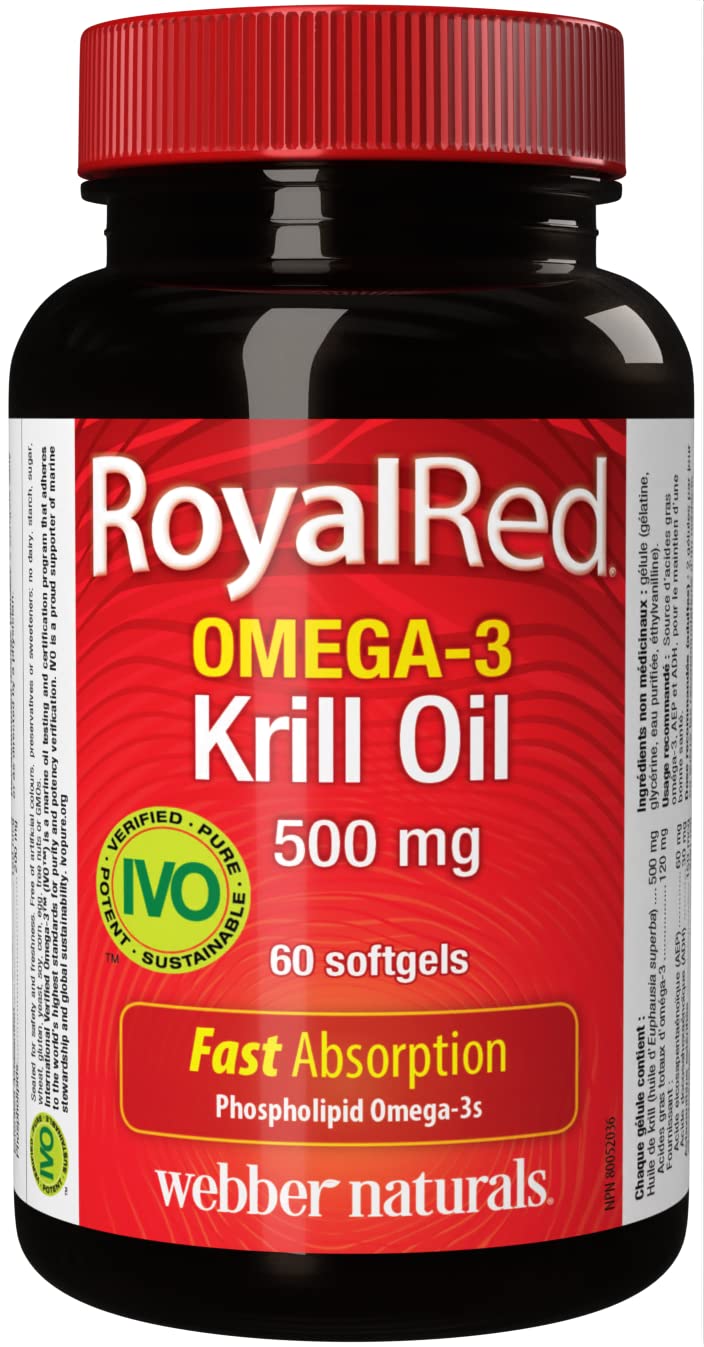 Webber Naturals RoyalRed Krill Oil 500 mg, 60 Softgels, Supports Cardiovascular Health and Brain Function, Antioxidant Support