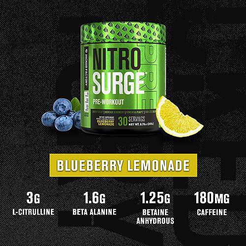 NITROSURGE Pre Workout Supplement - Endless Energy, Instant Strength Gains, Clear Focus, Intense Pumps - Nitric Oxide Booster & Preworkout Powder with Beta Alanine - 30 Servings, Blueberry Lemonade