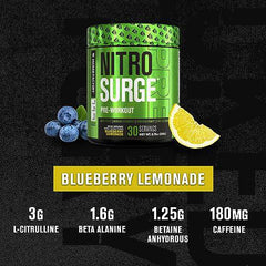 NITROSURGE Pre Workout Supplement - Endless Energy, Instant Strength Gains, Clear Focus, Intense Pumps - Nitric Oxide Booster & Preworkout Powder with Beta Alanine - 30 Servings, Blueberry Lemonade