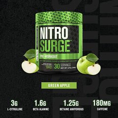 NITROSURGE Pre Workout Supplement - Endless Energy, Instant Strength Gains, Clear Focus, Intense Pumps - Nitric Oxide Booster & Preworkout Powder with Beta Alanine - 30 Servings, Green Apple