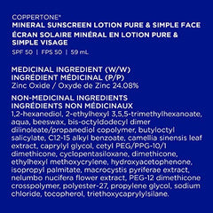 Coppertone  Mineral Sunscreen lotion pure and Simple Face Spf 50, 100 percent Zinc oxide mineral Face Sunscreen, Hypoallergenic Face Lotion for Sun Protection, 59 ml.