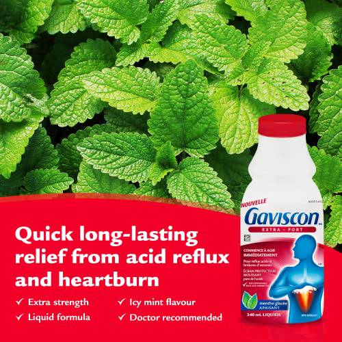 Gaviscon Liquid Extra Strength Antacid - 340 ml - Antacid Liquid for Day and Night Heartburn Relief, Acid Reflux and GERD Relief, Icy Mint- Free of Aluminum, Lactose and Gluten