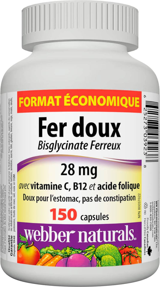 Webber Naturals Gentle Iron Supplement with Vitamin C, B12 and Folic Acid, 28 mg, 150 Capsules, Stomach-Friendly, Non-Constipating, Helps Prevent Iron Deficiency Anemia