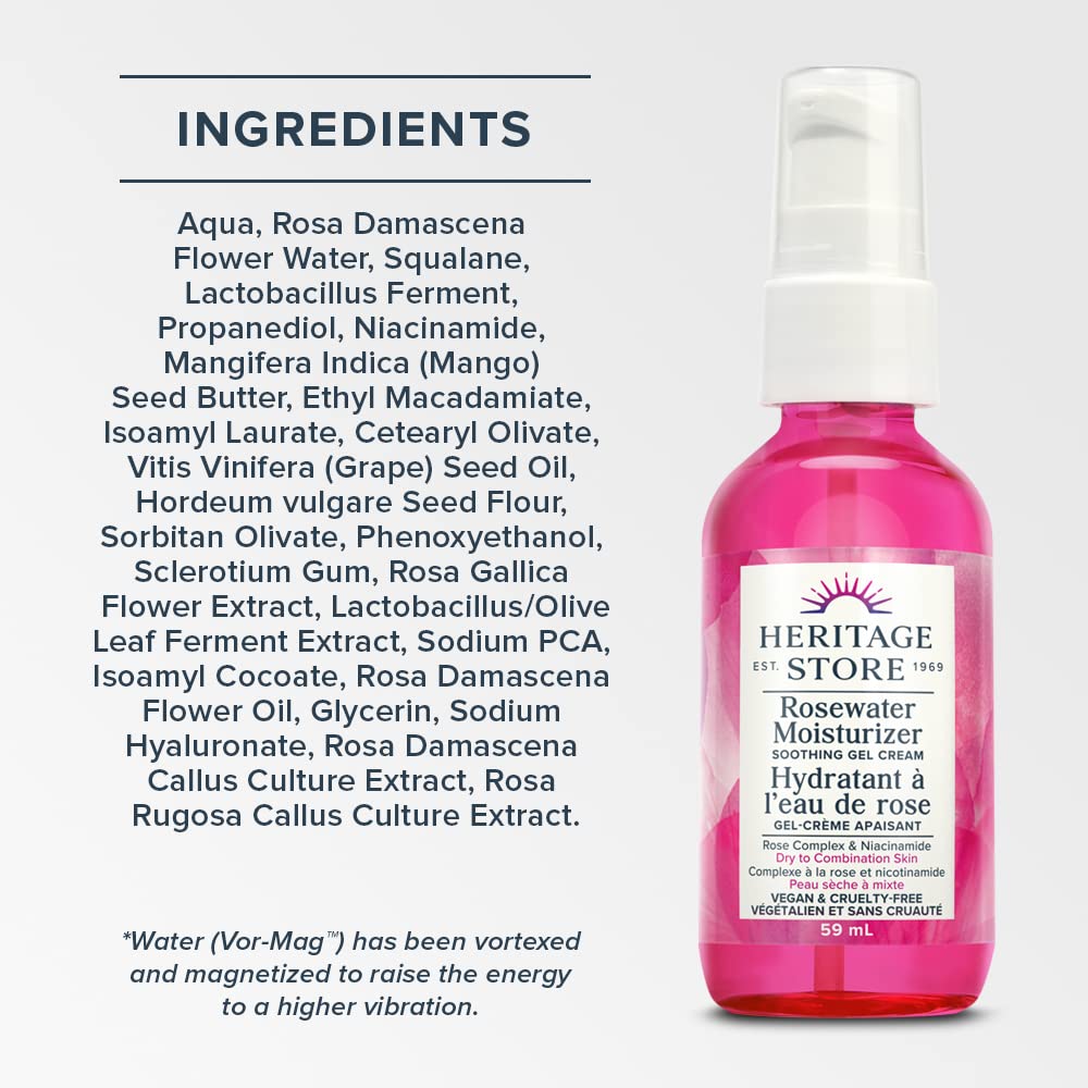 Heritage Store - Rosewater Moisturizer | Soothing Gel Cream | Rose Complex and Niacinamide | Vegan & Cruelty Free | Dry to Combination Skin Type | 59ml, Clear