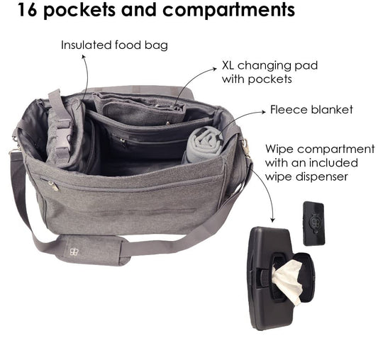 bblüv - Ültra - Large Capacity Diaper Bag, Multi-Function (Heather Gray)