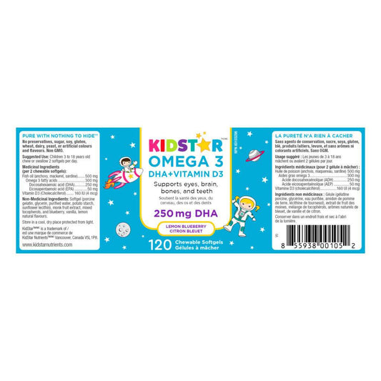 KidStar Nutrients Omega 3 with Vitamin D3, High-DHA, Lemon Blueberry, 120 Chewable Softgels