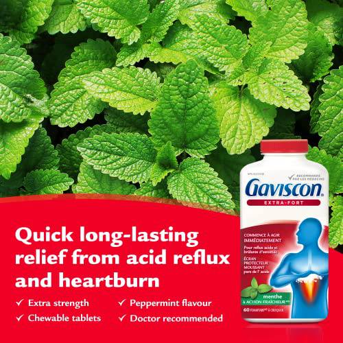 Gaviscon Extra Strength Tablets - 60 Count - Chewable Foaming Antacid Tablets for Day and Night Heartburn Relief, Acid Reflux and GERD Relief, Cooling & Refreshing Peppermint - Free of Aluminum, Lactose and Gluten