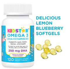 KidStar Nutrients Omega 3 with Vitamin D3, High-DHA, Lemon Blueberry, 120 Chewable Softgels