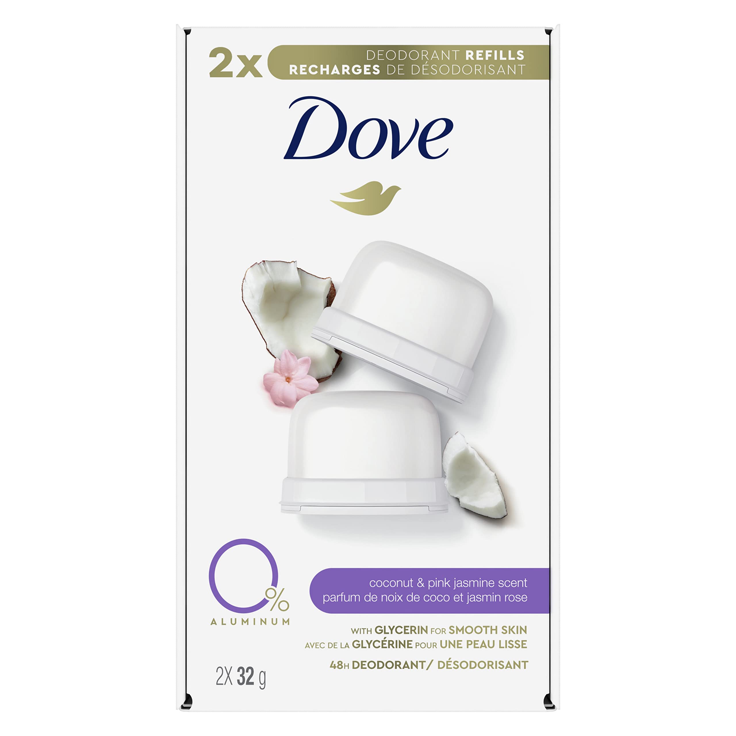 Dove 0% Aluminum Deodorant Stick Refill Kit for 48 hour odour protection Coconut & Pink Jasmine aluminum-free deodorant for women 32 g pack of 2
