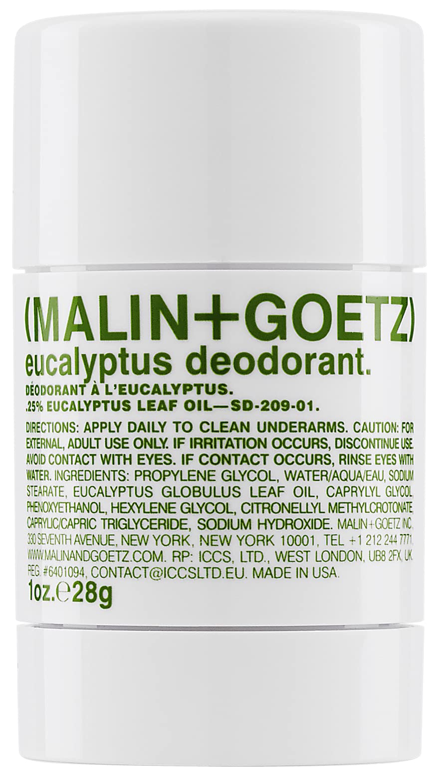 Malin + Goetz Travel Mini Eucalyptus Deodorant, natural effective odor & sweat defense, for all skin types, clear color, no residue/stains, free of aluminum, alcohol, baking soda, parabens 1oz