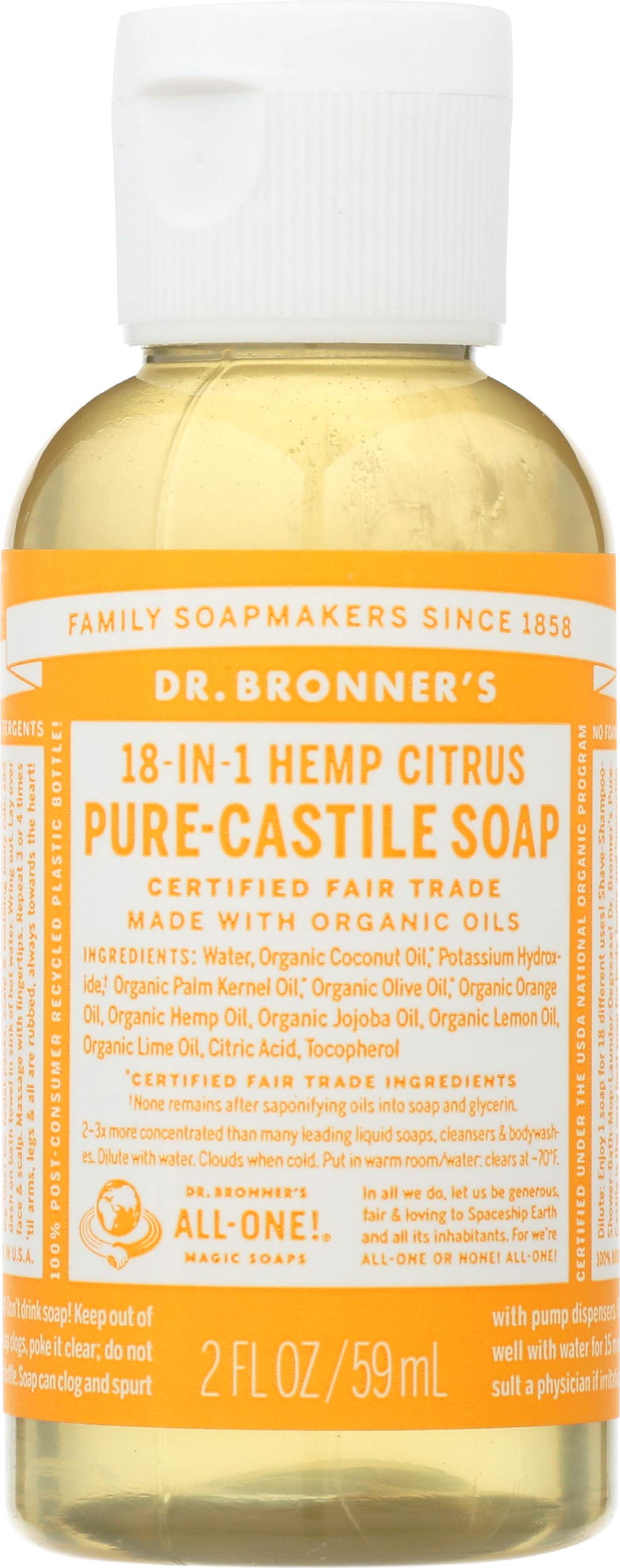 Dr. Bronner'S Pure Castile Soap - Fair Trade And Organic - Liquid - 18 In 1 Hemp - Citrus Orange - 2 Oz