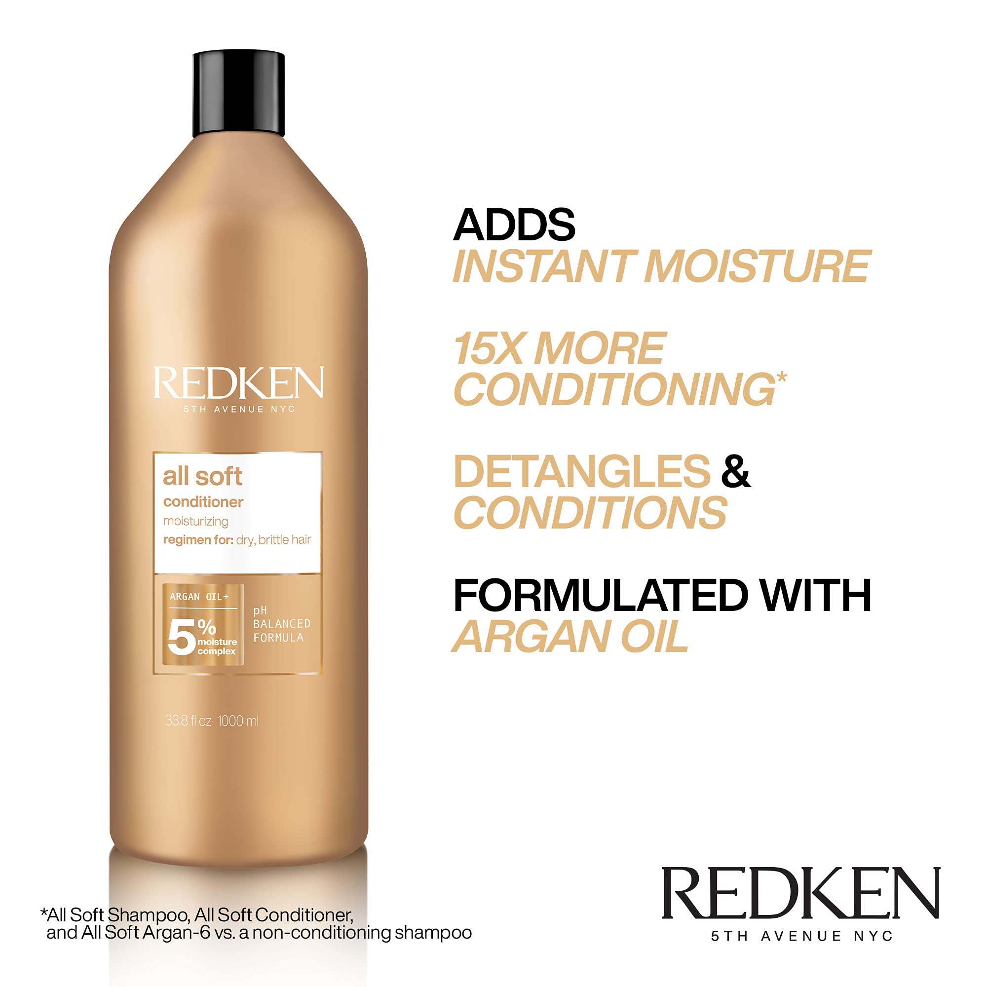 REDKEN Conditioner for Dry, Brittle Hair, Moisturizes and Provides Intense Softness and Shine, With Argan Oil, All Soft, 1000 ml