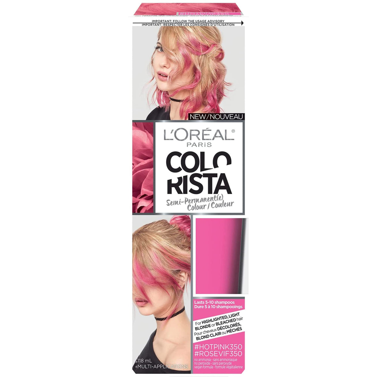 L'Oreal Paris Colorista Semi Permanent Hair Color for Blonde Hair, 350 Hot Pink, Pink Hair Dye, 4 fl oz