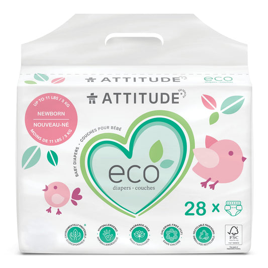ATTITUDE Baby Diapers, Eco-friendly, Safe for Sensitive Skin, Chlorine-Free & Leak-Free, Plain White, Newborn (Up to 11 lbs / 5 kg), 28 Count