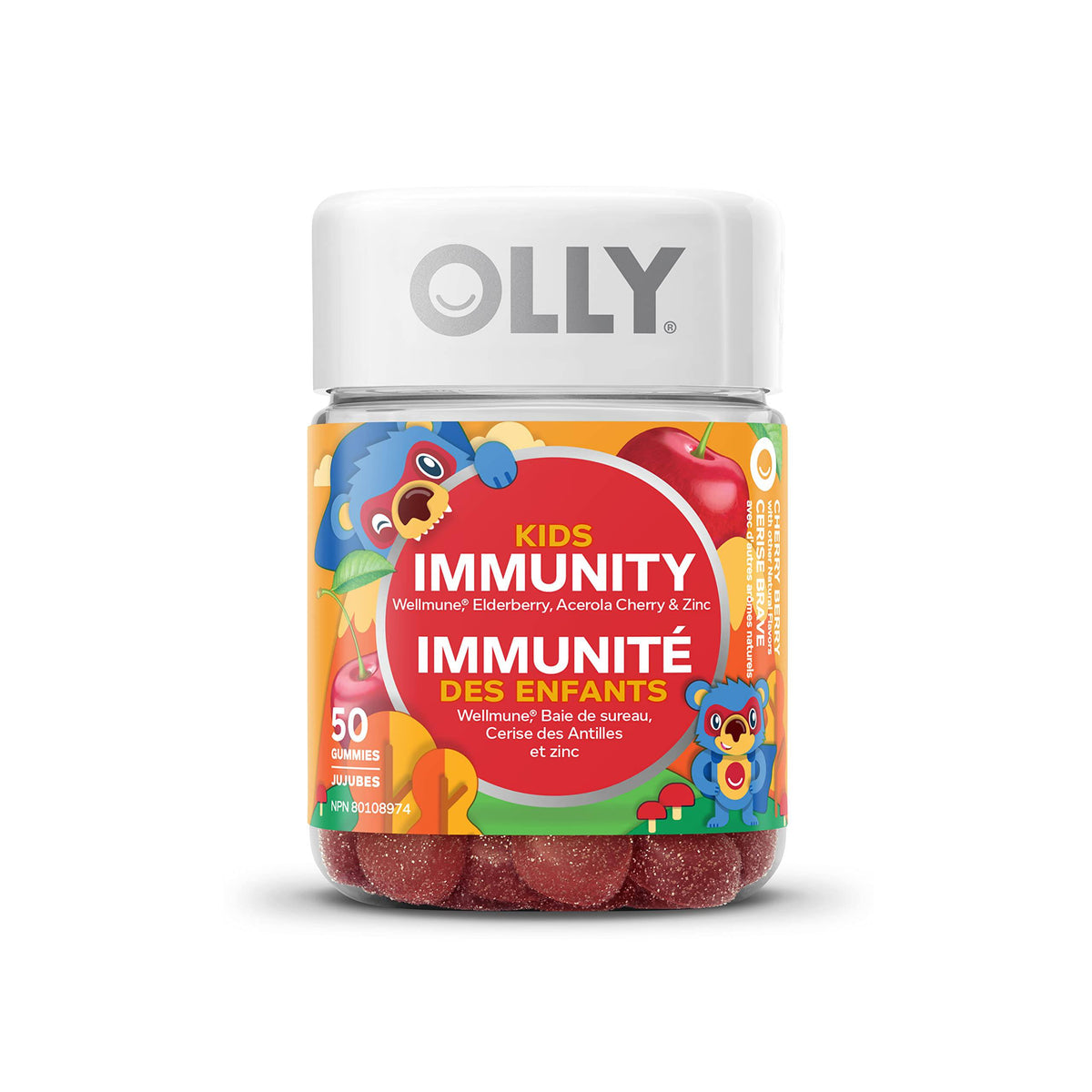 OLLY Kids Immunity Gummy Supplement with Wellmune, Aceorola Cherry, Vitamin C and Zinc Cherry Berry Flavour to boost immunity 25 day supply 50 gummies