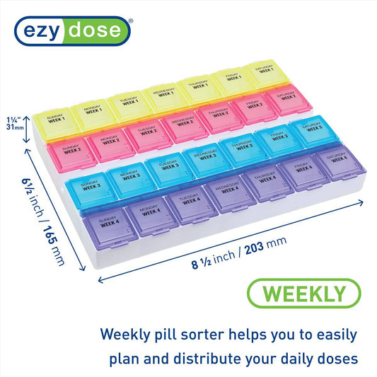 EZY DOSE EZY Dose monthly (28-Day) Pill Organizer, vitamin and Medicine Box, Large Compartments, Colored lids, 1 Count