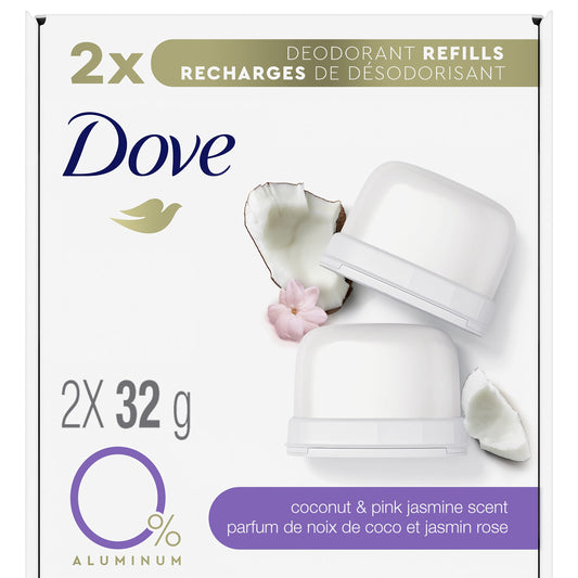 Dove 0% Aluminum Deodorant Stick Refill Kit for 48 hour odour protection Coconut & Pink Jasmine aluminum-free deodorant for women 32 g pack of 2