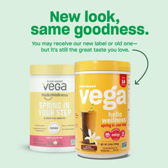 Vega Hello Wellness Spring in Your Step Protein Powder, Vanilla Cappuccino (14 Servings) Plant Based Vegan Protein Powder, 100mg Caffeine, Vitamin D, 390g (Packaging May Vary)