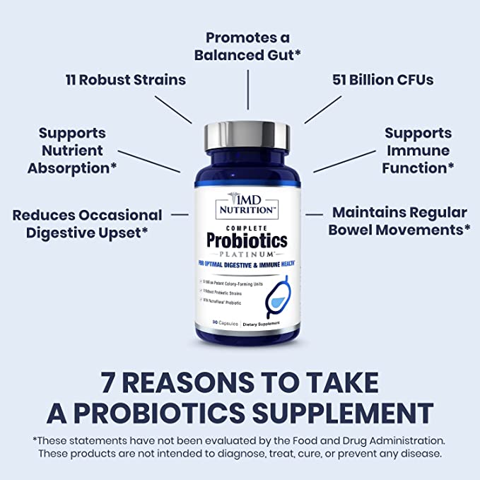 1MD Nutrition Complete Probiotics Platinum Prebiotics and Probiotics for Men & Women - Probiotic Supplement for Digestion w/ More Than 50 Billion Live CFU 11 Strains Dairy-Free - Vegetarian Caps