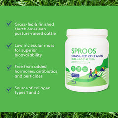 Sproos Premium Grass Fed Collagen Powder | Large 500g Tub | Pasture-Raised, Grass-Finished, Non-GMO and Gluten-Free Hydrolyzed Collagen Peptides Powder | Unflavoured and Odourless (500g)