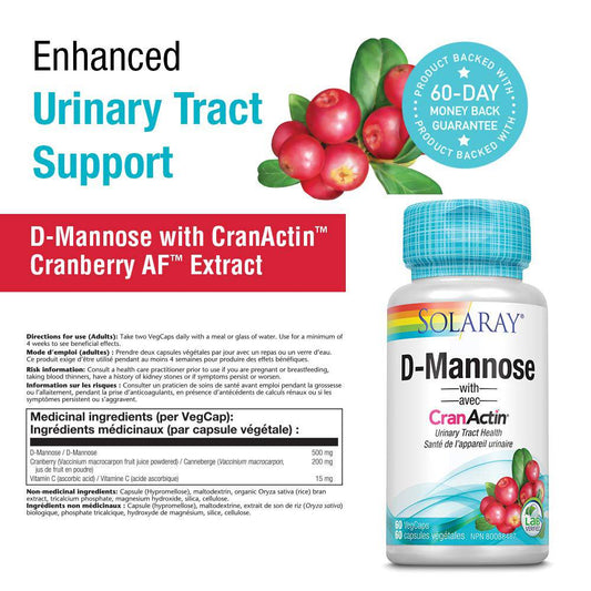 Solaray D-Mannose with CranActin Cranberry Extract 1000mg | For Normal, Healthy Urinary Tract Support | Non-GMO & Vegan | 60 VegCaps (Pack of 1)